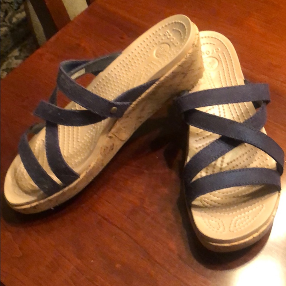Navy Strappy Croc Cork Wedge heeled Sandals